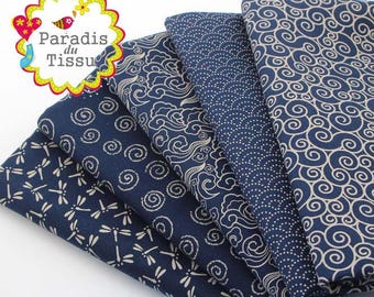 paradisdu tissu 5 x coupons japanese fabric 50x55cm wave dragonfly print in blue