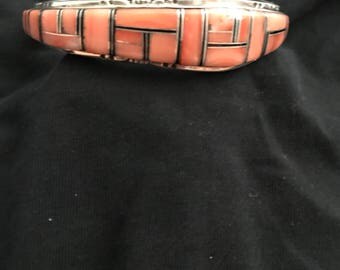 Sterling silver pink coral inlay bracelet