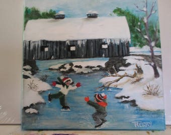 Covered bridge with young skaters