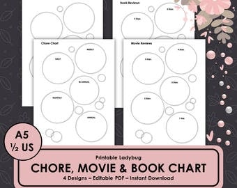 Chore Chart,Book Reviews,Movie Reviews,Reading Journal,Printable Chore Chart,Reading Log,Book Journal, Printable Reading Log,Bullet Journal