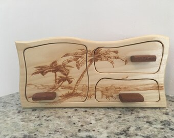 Palm Tree Tropical Bandsaw Jewelry Box - Secret Drawer Box!