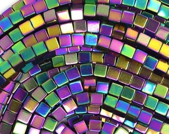 10 square 4 mm Rainbow hematite beads