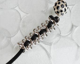 Filigree ball and jet chain rhodium plated brass rhinestone bead charm pendant
