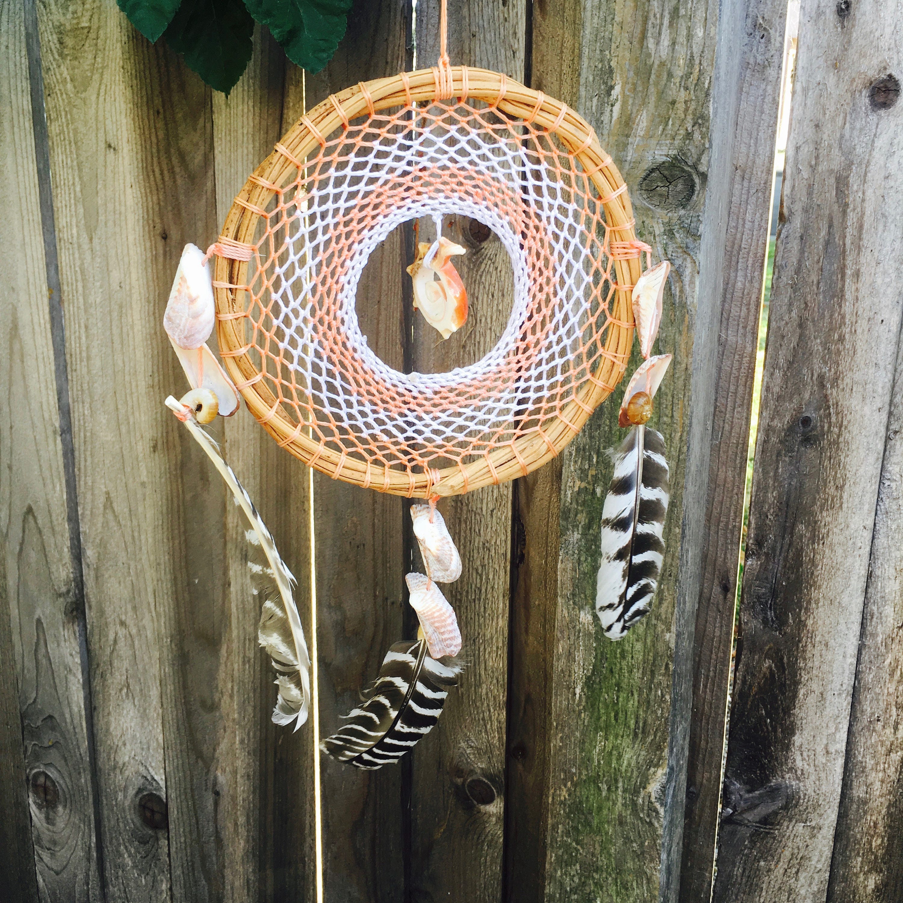 Handmade Crochet Mayan Dream Catcher Coral White with Spiral