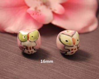 2 ceramic OWL OWL Rose 16 mm beads