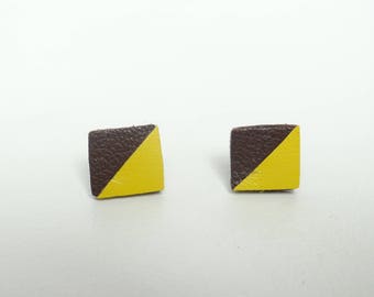 Stud Earrings geometric leather 2 yellow and Brown triangles.