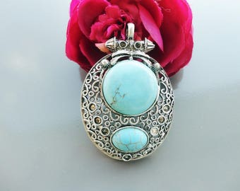 Pendant silver and turquoise oval, ethnic pendant 8.5 cm