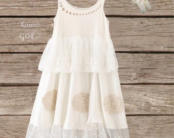 Ivory lace flower girl dress - rustic flower girl dress - country flower girl - floor length - ivory tulle dress