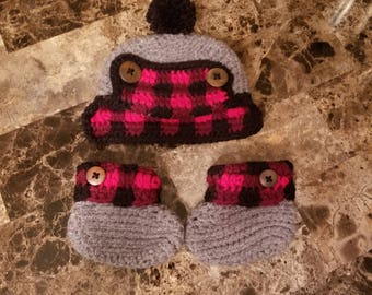 Plaid Crochet Hat and Booties Set- 0-3 months