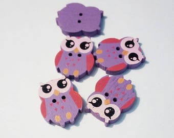 Lot 5 buttons "owls" / "owls" wooden, purple