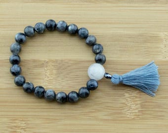 Black Labradorite Wrist Mala Bracelet with Tourmilated Quartz Crystal | 8mm | Yoga Jewelry | Buddhist Meditation Bracelet | Free Shipping