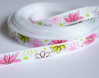 1M Ruban gros grain 10mm - Fleurs roses et vertes printemps nature