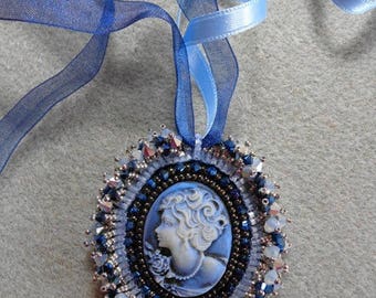 Blue cameo pendant embroidered embroidery) in shades of blue