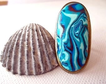 unique ring, oval, mottled dark blue, turquoise and blue light, 43mmX20mm bronze setting