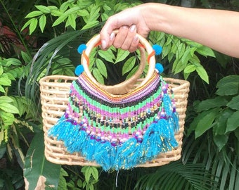 Adorable Rattan Bag with Beaded Tassels
