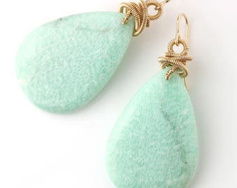 Amazonite Dangle Earrings with Gold Fill Coils