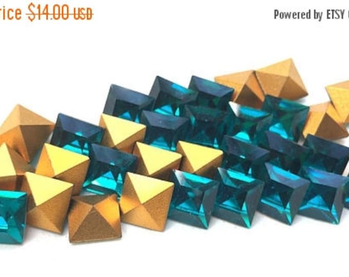 SALE 30% off 36 Vintage Swarovski Full package rhinestone Blue Zircon gold foiled Austrian Crystal Art 4400 faceted square point stones Jew