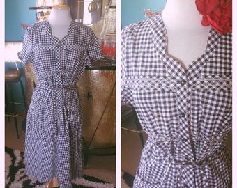 Vintage 1940s Dress black white gingham Print Swing Rockabilly Pinup L XL 40s