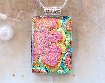 Pink Necklace, Gold, Aqua, Dichroic Pendant, Petite, Fused Glass Jewelry, Necklace Included, A9