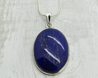 Stunning long oval shape Lapis pendant sterling silver Lapis Lazuli pendant natural lapis stone jewelry golden freckles blue lapis jewelry