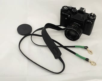 Black Leather Camera Strap, Green cord, Cameras Neck Strap Leather, Neck Camera Strap, Cross Strap, RF Camera Strap, Gift for him