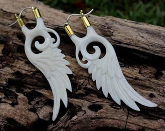 Fake Gauge Earrings - Natural White Bone Fancy Spiral Tribal Expanders Hand Carved Organic Fake Piercings