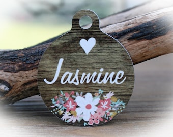 Girl Dog Name Tag | Dog tag for Dogs | Flower Pet Tag | Faux Wood Dog tag-Jasmine