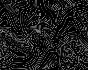 Black and White Topo Earth Science Fabric Ocean Depth Map