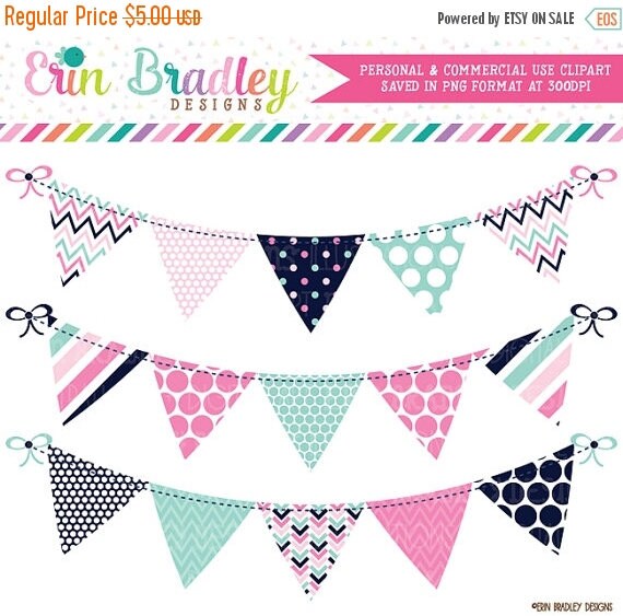 80% OFF SALE Digital Bunting Clipart Graphics Preppy Pink Aqua