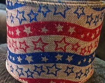 Patriotic Americana Stars & Stripes Printed Burlap Ribbon - 3 Yards Wired Glitter 4th of July