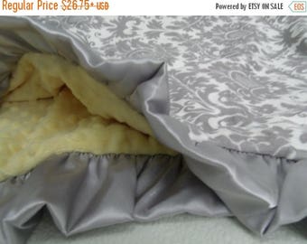 SALE Minky Baby Blanket in Yellow Minky Dot and Gray Damask Can Be Personalized