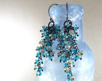 25 OFF Apatite, Labradorite And Quartz Oxidized Sterling Silver Cluster Earrings - Waterfall