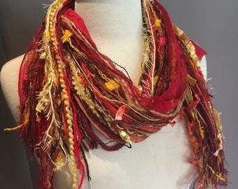 Fringie in Vibrance, Art Scarf, Fringe Scarf, hand tied scarf, ribbon scarves, bohemian scarf, orange yellow red scarf, ribbon scarf