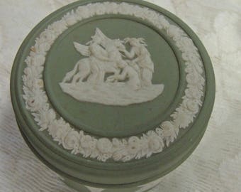 Vintage Green Wedgewood Jar, Sage Green Lidded Box, Jasperware Wedgewood Box Sage Green And White Box, Trinket Box