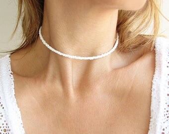 White Beaded Choker White Choker Beaded Necklace Glass Necklace