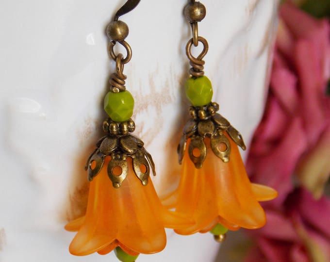 Orange Earrings Tulip Flower Bell Lucite Earrings Filigree Brass Czech Glass Green Chartreuse Papaya Floral Earrings Light Gift For her