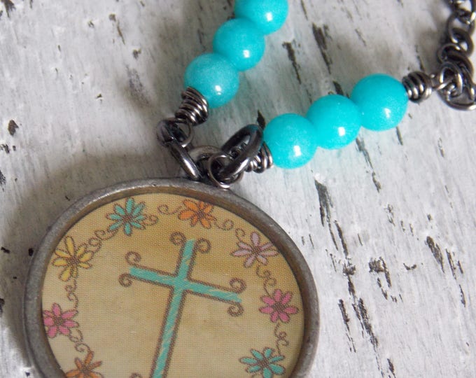 Cross Necklace Turquoise Jade Gemstone Cross Gunmetal Black Chain Charm Dainty Spiritual Simple Minimalist Christian Necklace