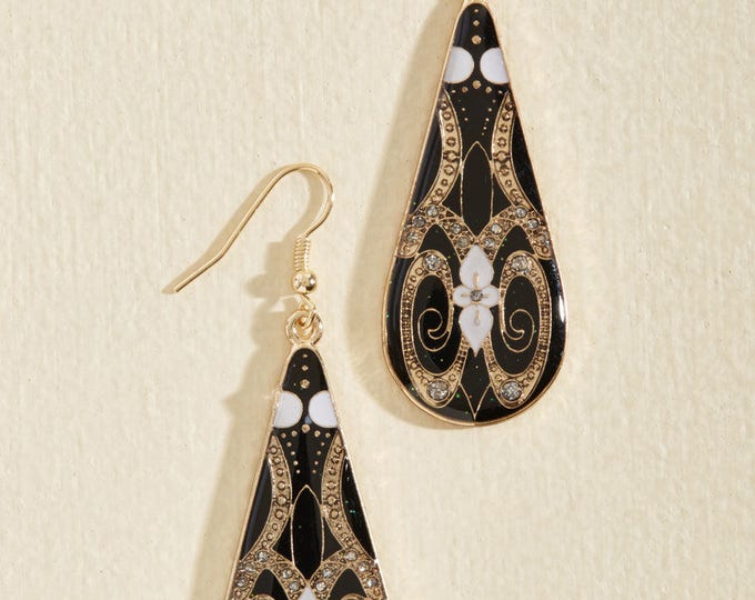 Art Nouveau Inspired Earrings, Black Enamel Earrings, Gold Earrings, Teardrop Dangle Earrings, Vintage Style Earrings