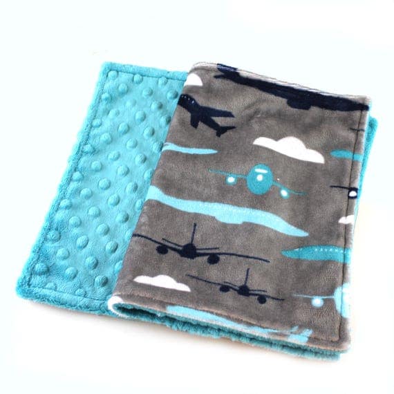 Personalized Baby Blanket Boy / plane Mini Minky Baby Blanket - Boy Lovey Airplane Blanket, Gray Blue Minky Burp Cloth / Airplane Burp Cloth