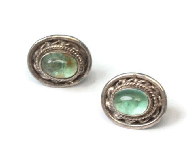 Sterling and Blue Green Glass Oval Earrings Posts Vintage Smaller
