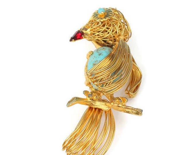 Wire Work Bird Brooch Turquoise Glass Tummy Vintage