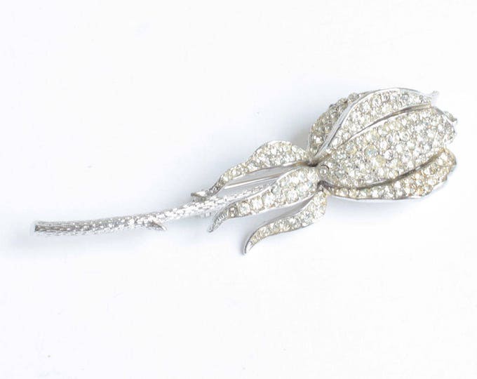 Rhinestone Rosebud Brooch CoroCraft Pave Set Stones Vintage Gift Bride Wedding