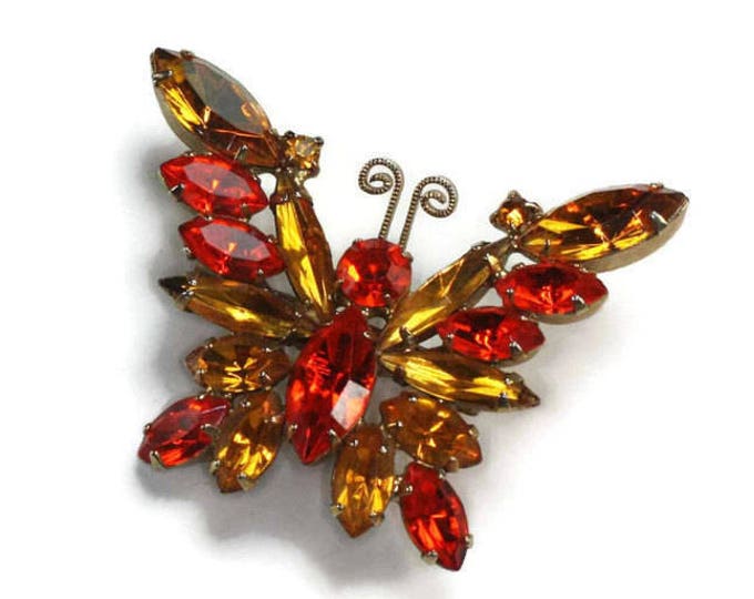 Orange and Topaz Rhinestone Butterfly Brooch Vintage Autumn Colors Dimensional
