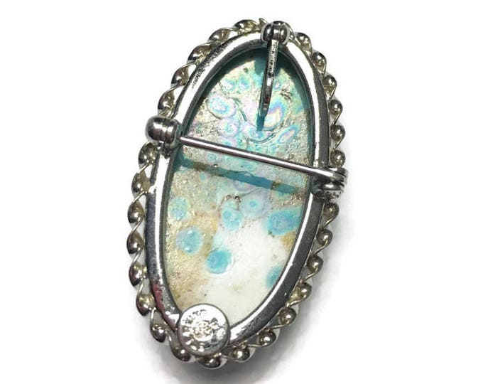 Turquoise Art Glass Oval Pendant or Brooch Sterling Setting Signed Vintage