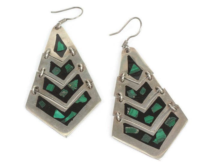 Malachite and Black Inlay Earrings Sterling Articulated Boho Dangle Taxco Mexico