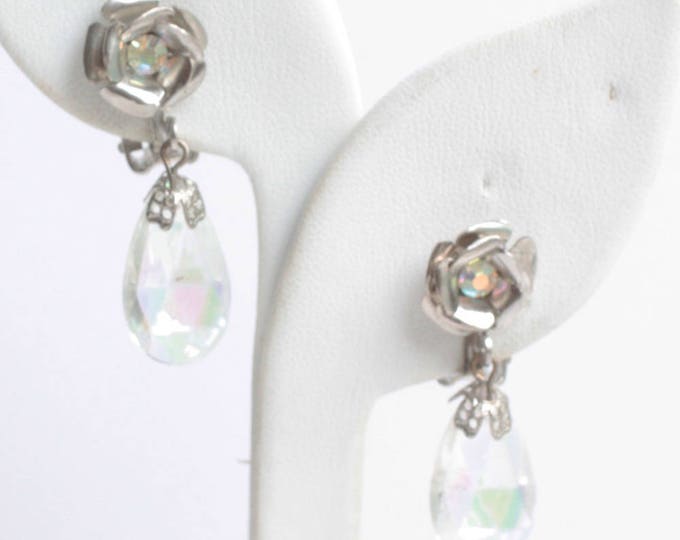 Crystal Dangle Earrings Aurora Borealis Flower Design Vintage