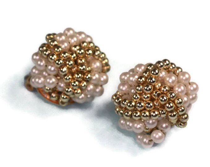 Gold and Pearl Beaded Earrings Simulated Pearl Clip Style Vintage