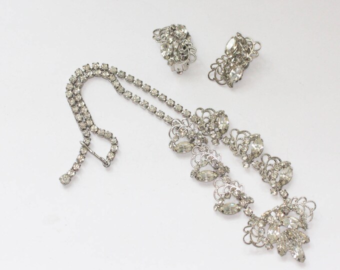 Rhinestone Filigree Choker Necklace Earring Set Silver Tone Wedding Bridal Evening Out Vintage