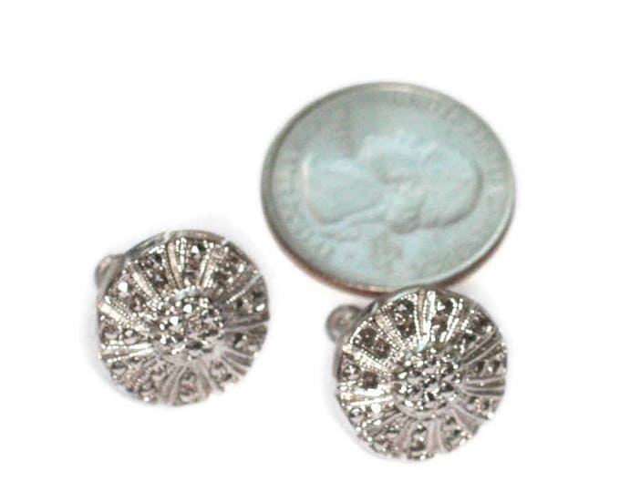 Sterling and Marcasite Floral Circular Screw Back Earrings