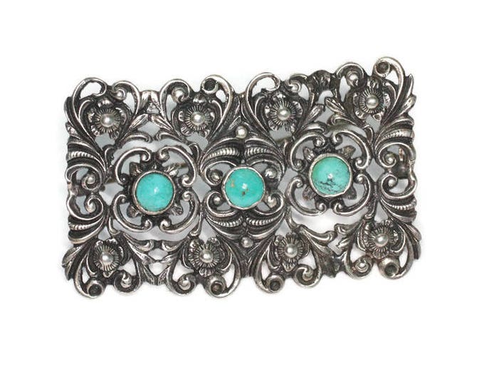 835 Silver Open Work Repousse Brooch Turquoise Cabochons Art Deco Era Signed Vintage